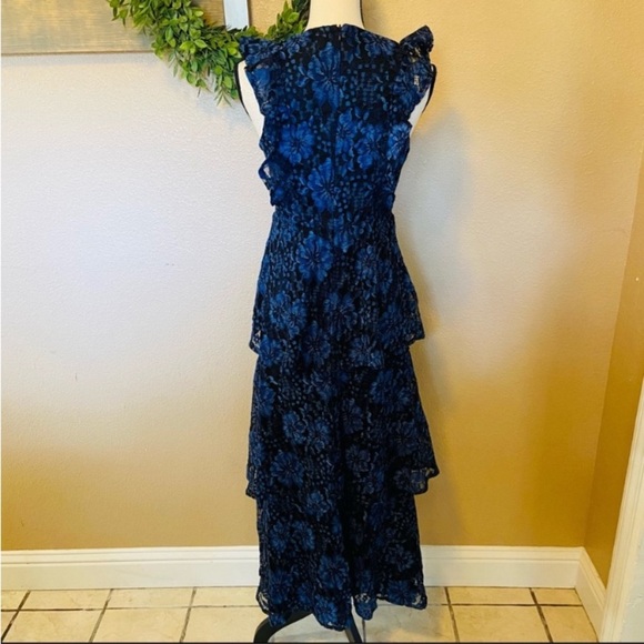 NWOT Lulus Molinetto Navy Blue Lace Ruffled Tiered Sleeveless Maxi Dress - Picture 4 of 10
